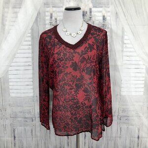 Chicos Size 1 Medium Red Black Silk Blouse Beaded Trim V Neck Semi Sheer Floral